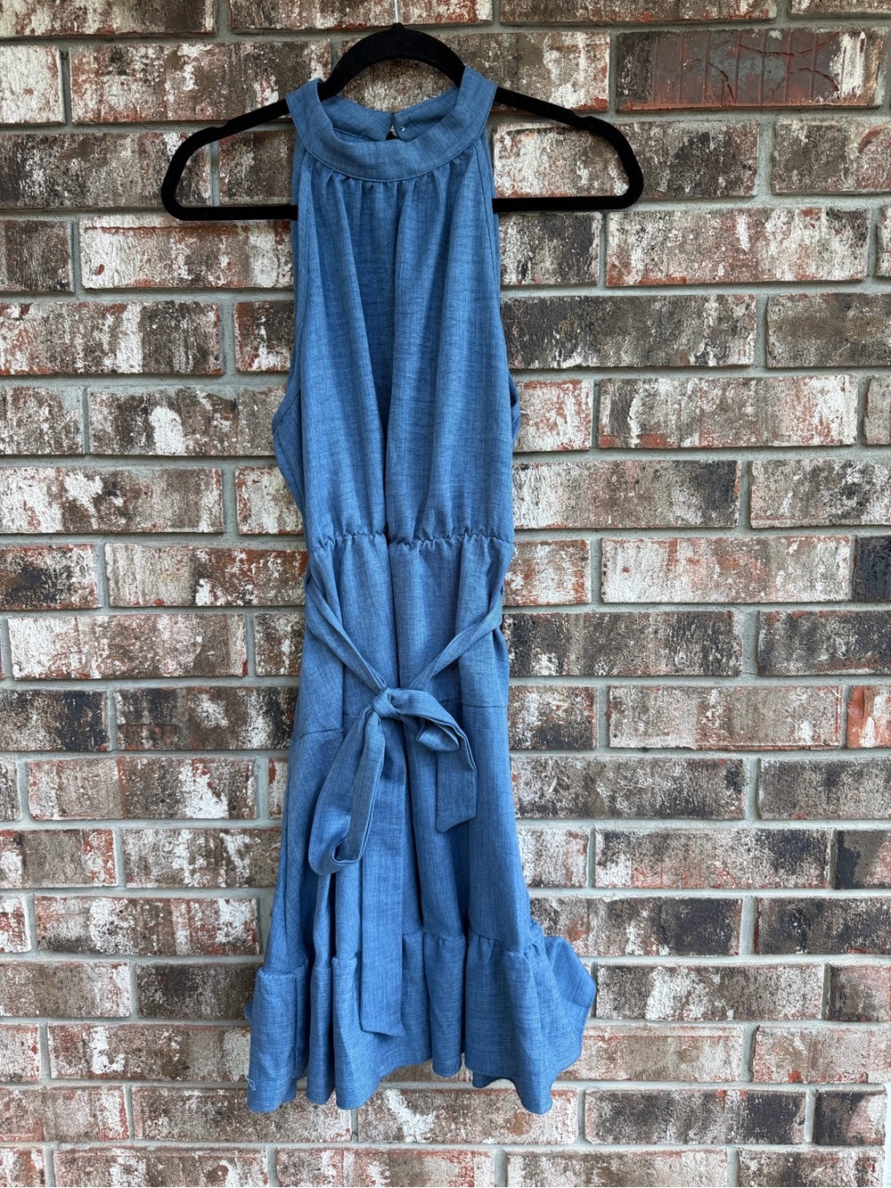 SHEIN Blue Sleeveless Halter Midi Dress with Waist Tie